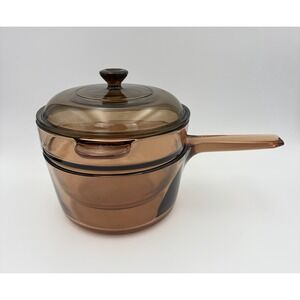 Vintage Corning Visions 3-Pc Amber Glass Double Boiler Set Pot Insert Pyrex Lid